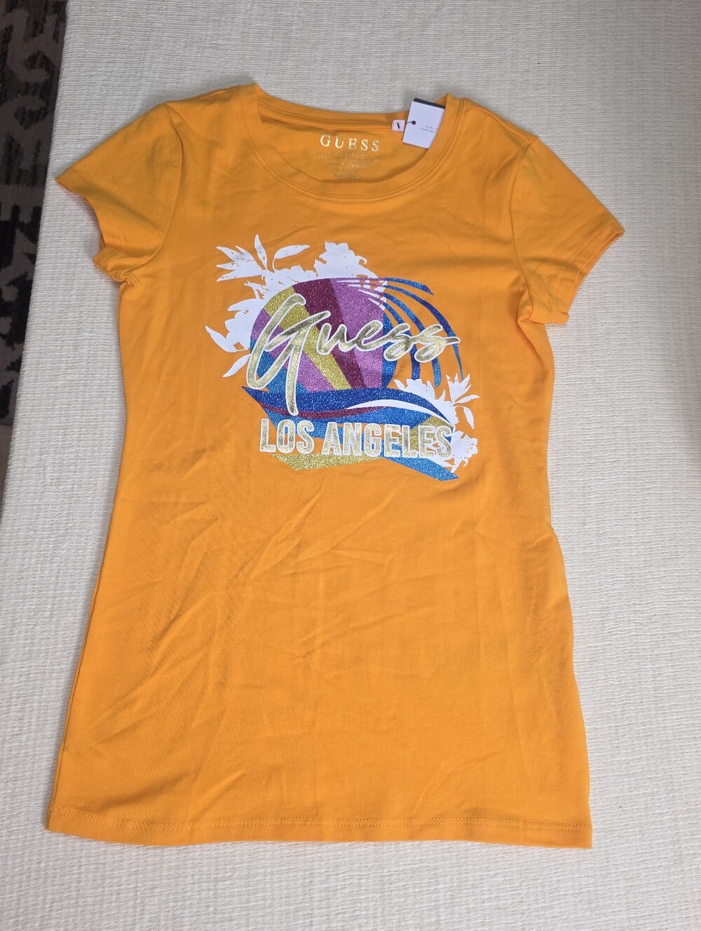 Guess Los Angeles Tropical Glitter Graphic Tee Womens XS Orange NWT